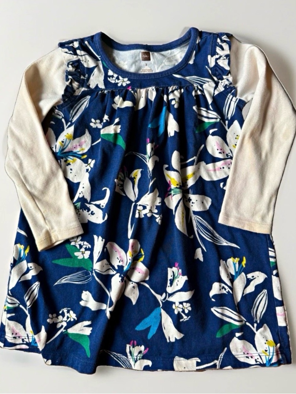 Y2K Vintage Tea Collection- Girls' Navy Floral Long-Sleeve Dress Top - Size 3/3T